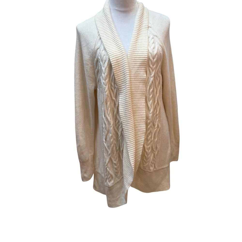 Talbots Woman‎ Cream Ivory Cable Knit Open Front Cardigan Lambswool Blend  L/XL?